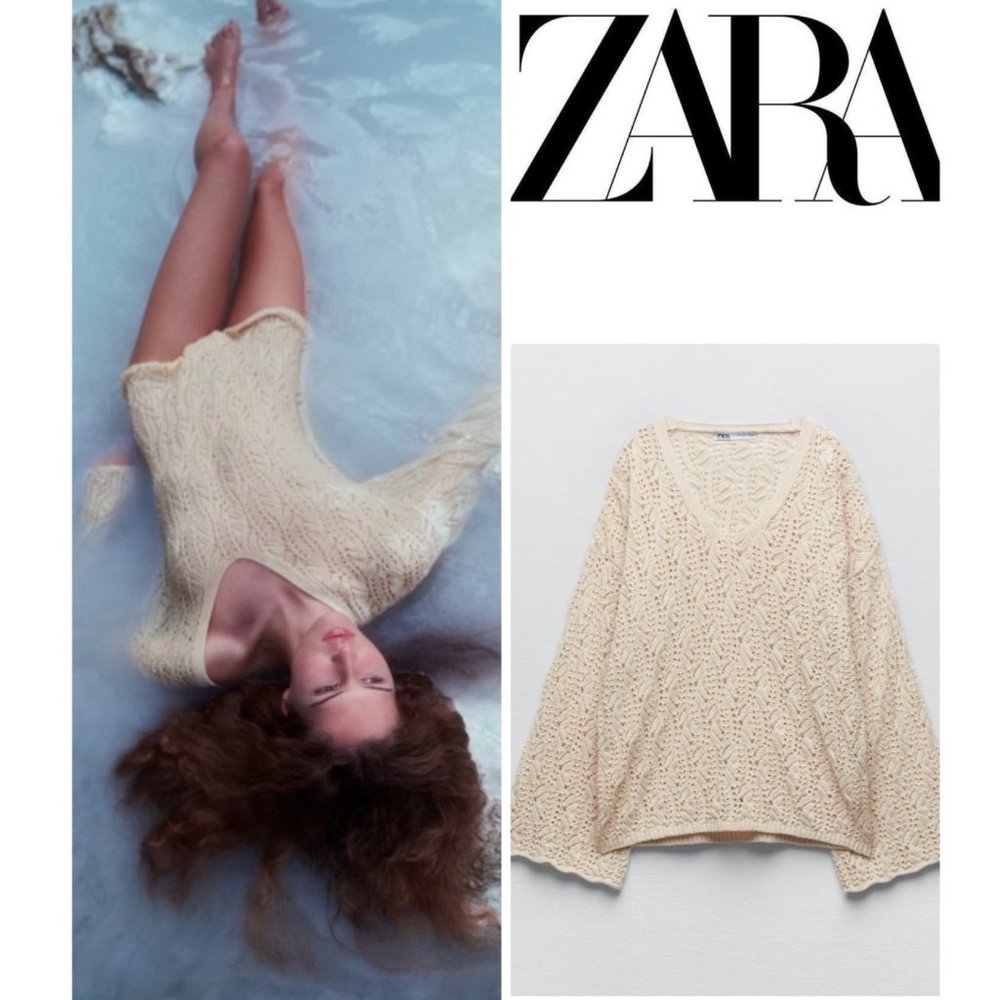 Zara Cream Open-Knit V-Neck Long Sleeve Top